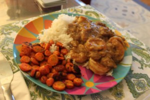 Shrimp with Lobster Sauce served with rice and roasted carrots