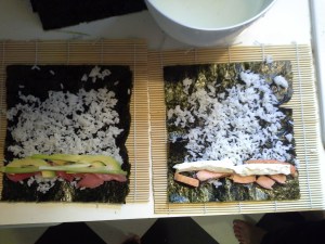 You can mix and match ingredients to come up with interesting rolls. Notice the tezu bowl above the rolls is handy for sticky hands. You can mix and match ingredients to come up with interesting rolls. Notice the tezu bowl above the rolls is handy for sticky hands.