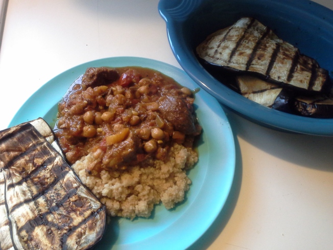 Lamb tagine with herbed couscous and grilled eggplant