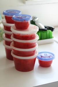 Freezer jam is easy and yummy!  Here is strawberry jam.  We already finished our peach jam from last year and I need to make more this year.  BTW, this is a double-recipe shown.