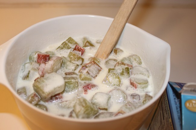 The rhubarb, sugar and cream make a sweet layer that will end up on the bottom of the cake