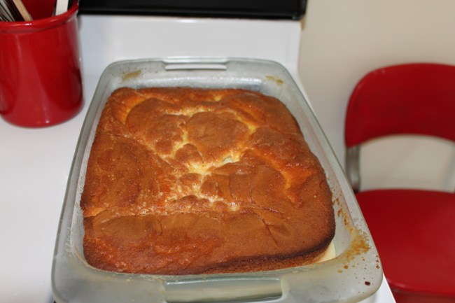 Rhubarb upside down browns on top, but creamy and sweet on the bottom