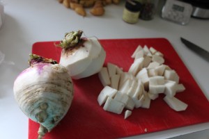 Turnips are easy to work with.  Just peel off the waxy skin and chop!