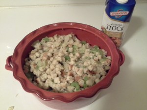 The stuffing right before it goes in the oven - moist but not soaking wet.